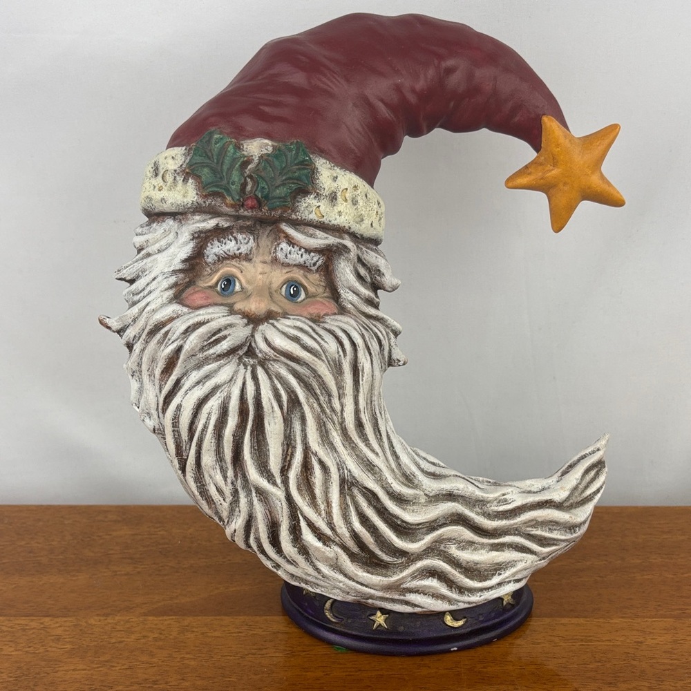 Hand painted folk art hobbiest ceramic moon Santa Clause face